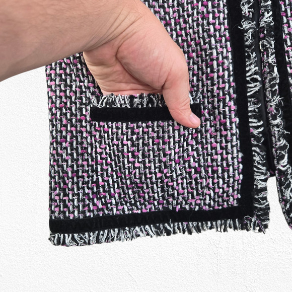 Y2K Sag Harbor Tweed Jacket Black Pink Boucle Fringe Trim Blazer Size 14 - Picture 6 of 11